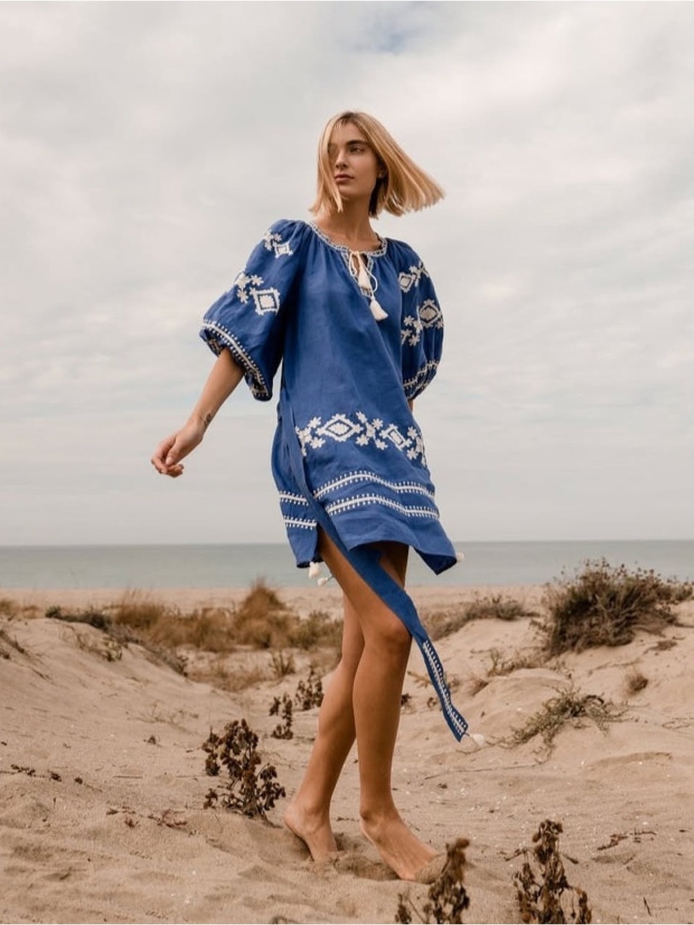 Benaras by Citrus Dress Women's Blue Puffed Sleeves Embroidered Boho Tassel Sz S